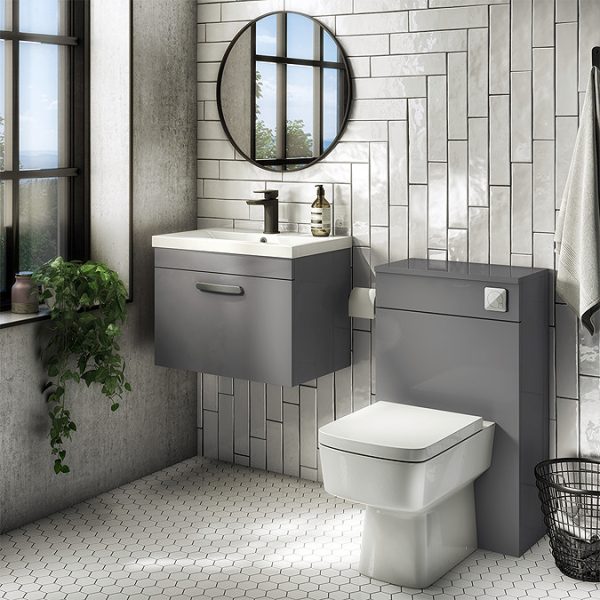 Brooklyn 500 Gloss Grey Wall Hung 1 Drawer Vanity Unit with Thin Edge Basin - Image 2