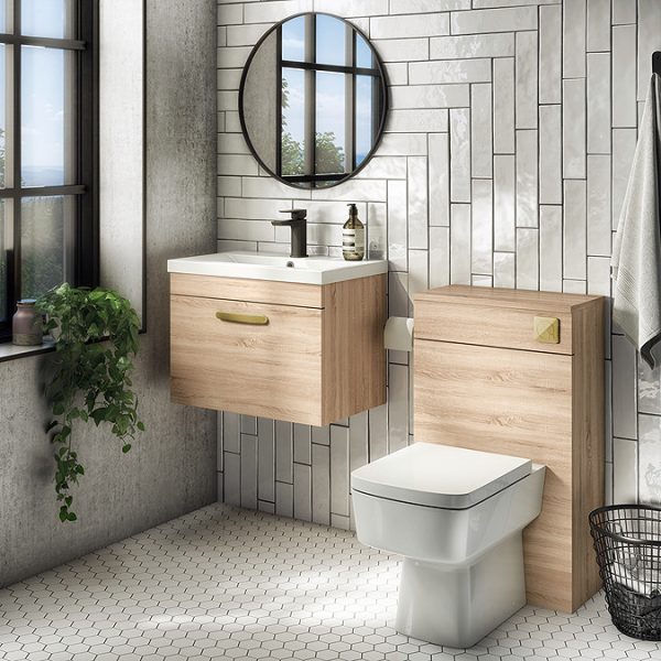 Brooklyn 500mm Natural Oak Wall Hung 1 Drawer Vanity Unit with Brushed Brass Handle - Image 2