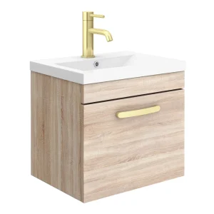 Brooklyn 500mm Natural Oak Wall Hung 1 Drawer Vanity Unit with Brushed Brass Handle