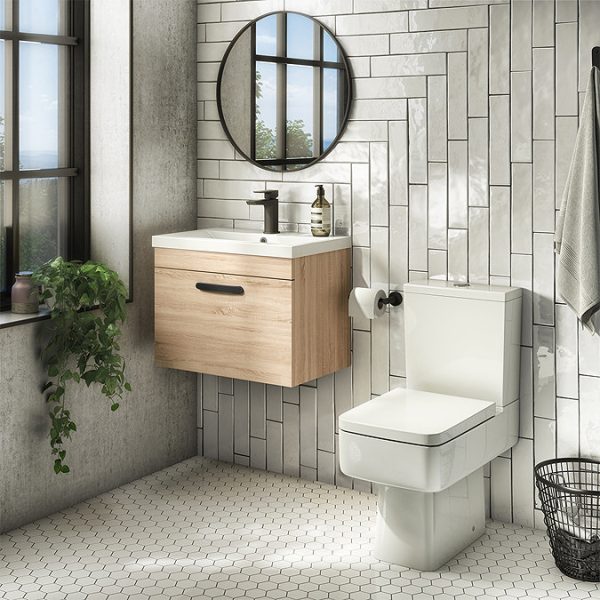 Brooklyn Wall Hung Vanity   Natural Oak   500mm Wide 1 Drawer inc. Matt Black Handle - Image 2