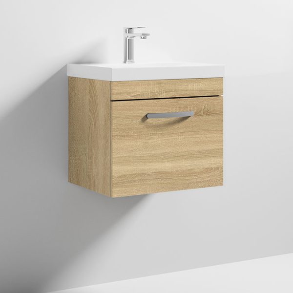Brooklyn 500 Natural Oak Wall Hung 1 Drawer Vanity Unit with Thin Edge Basin - Image 5