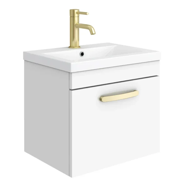 Brooklyn 500mm Gloss White Wall Hung 1 Drawer Vanity Unit with Brushed Brass Handle