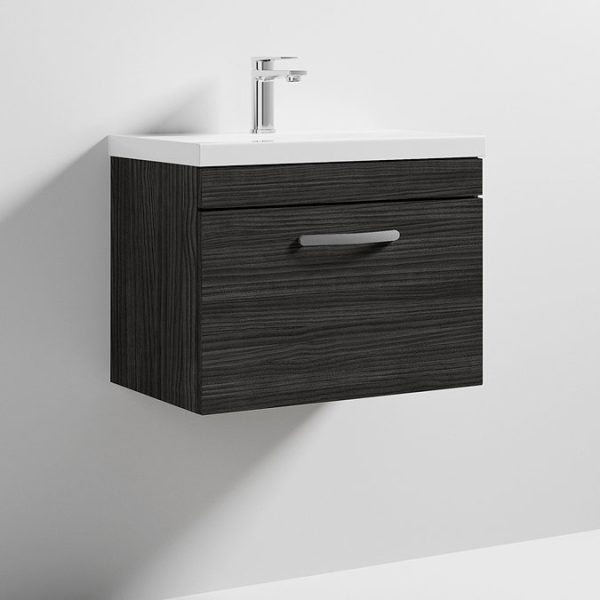 Brooklyn 600 Black Wall Hung 1 Drawer Vanity Unit with Thin Edge Basin - Image 2