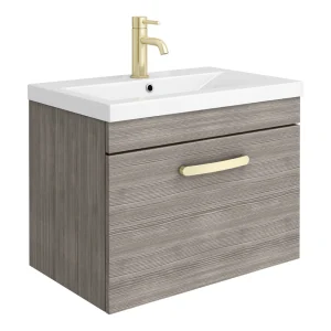Brooklyn 600mm Grey Avola Wall Hung 1 Drawer Vanity Unit with Brushed Brass Handle