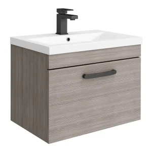 Brooklyn Wall Hung Vanity   Grey Avola   600mm Wide 1 Drawer incl. Matt Black Handle