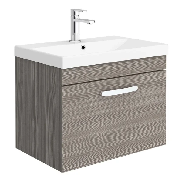 Brooklyn 600 Grey Avola Wall Hung 1 Drawer Vanity Unit with Thin Edge Basin