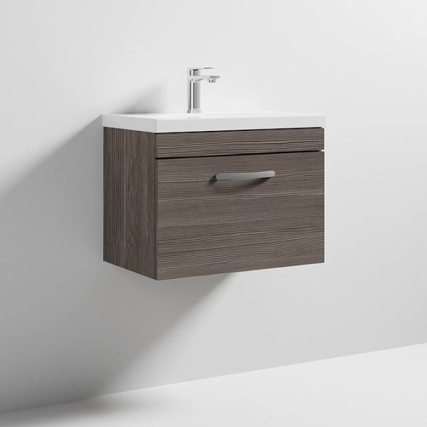 Brooklyn 600 Grey Avola Wall Hung 1 Drawer Vanity Unit with Thin Edge Basin - Image 5