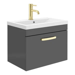Brooklyn 600mm Gloss Grey Wall Hung 1 Drawer Vanity Unit with Brushed Brass Handle