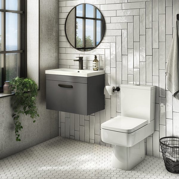 Brooklyn Wall Hung Vanity   Gloss Grey   600mm Wide 1 Drawer inc. Matt Black Handle - Image 2