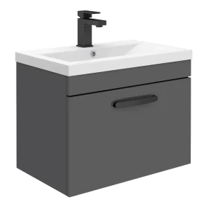 Brooklyn Wall Hung Vanity   Gloss Grey   600mm Wide 1 Drawer inc. Matt Black Handle