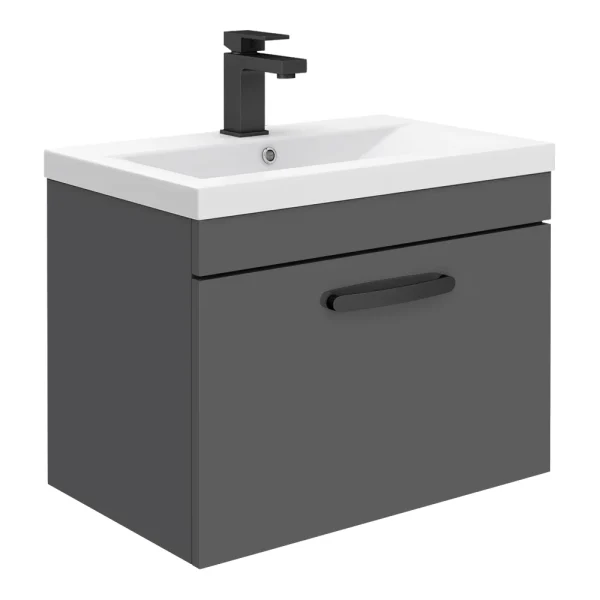Brooklyn Wall Hung Vanity   Gloss Grey   600mm Wide 1 Drawer inc. Matt Black Handle