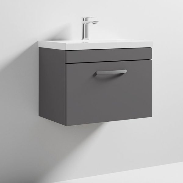 Brooklyn 600 Gloss Grey Wall Hung 1 Drawer Vanity Unit with Thin Edge Basin - Image 2