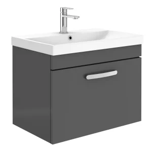 Brooklyn 600 Gloss Grey Wall Hung 1 Drawer Vanity Unit with Thin Edge Basin