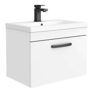 Brooklyn Wall Hung Vanity   Gloss White   600mm Wide 1 Drawer inc. Matt Black Handle