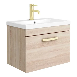 Brooklyn 600mm Natural Oak Wall Hung 1 Drawer Vanity Unit with Brushed Brass Handle