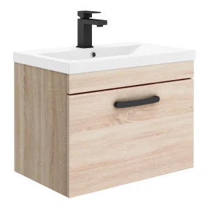 Brooklyn Wall Hung Vanity   Natural Oak   600mm Wide 1 Drawer inc. Matt Black Handle