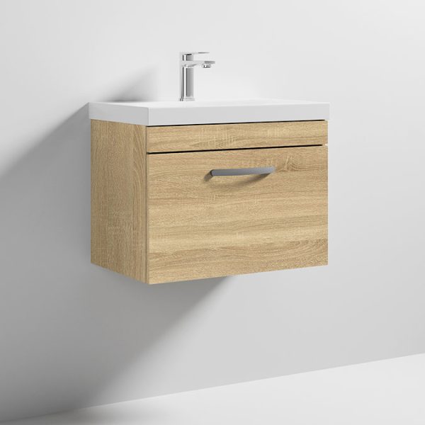 Brooklyn 600 Natural Oak Wall Hung 1 Drawer Vanity Unit with Thin Edge Basin - Image 2