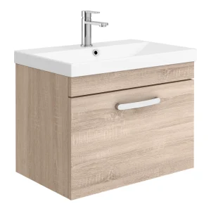 Brooklyn 600 Natural Oak Wall Hung 1 Drawer Vanity Unit with Thin Edge Basin