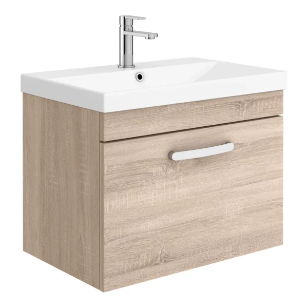 Brooklyn 600 Natural Oak Wall Hung 1 Drawer Vanity Unit with Thin Edge Basin