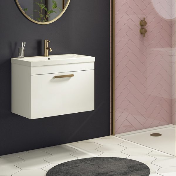 Brooklyn 600mm Gloss White Wall Hung 1 Drawer Vanity Unit with Brushed Brass Handle - Image 2
