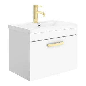 Brooklyn 600mm Gloss White Wall Hung 1 Drawer Vanity Unit with Brushed Brass Handle