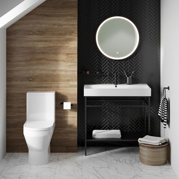 Britton Curve2 Rimless Close Coupled Back To Wall Toilet with Matt Black Flush Button + Soft Close Seat - Image 4
