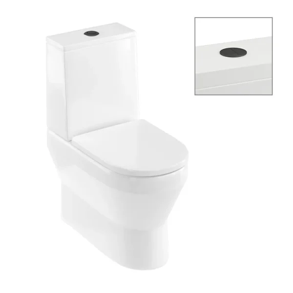 Britton Curve2 Rimless Close Coupled Back To Wall Toilet with Matt Black Flush Button + Soft Close Seat