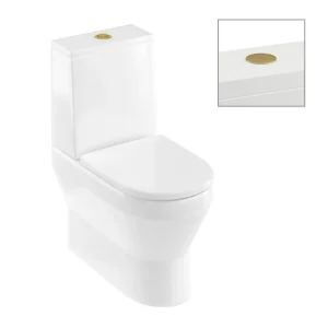 Britton Curve2 Rimless Close Coupled Back To Wall Toilet with Brushed Brass Flush Button + Soft Close Seat