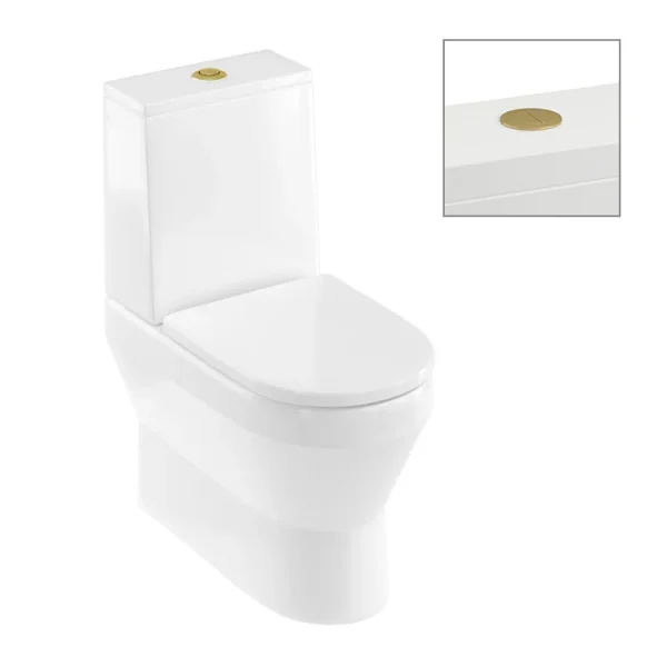 Britton Curve2 Rimless Close Coupled Back To Wall Toilet with Brushed Brass Flush Button + Soft Close Seat