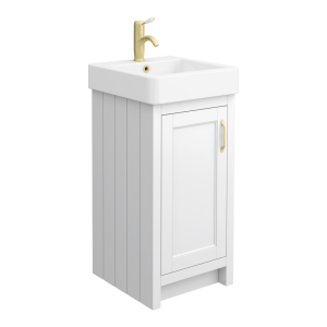 Chatsworth Traditional White Vanity   425mm Wide with Brushed Brass Handle