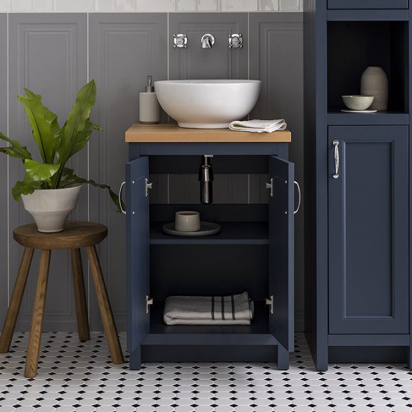 Chatsworth 545mm Blue Countertop Vanity with Worktop, Round Basin & Chrome Handles - Image 2