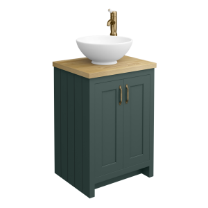 Chatsworth 545mm Green Countertop Vanity with Worktop, Round Basin & Antique Brass Handles