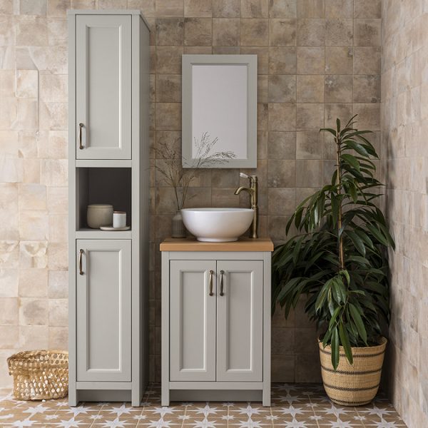 Chatsworth 545mm Grey Countertop Vanity with Worktop, Round Basin & Antique Brass Handles - Image 2