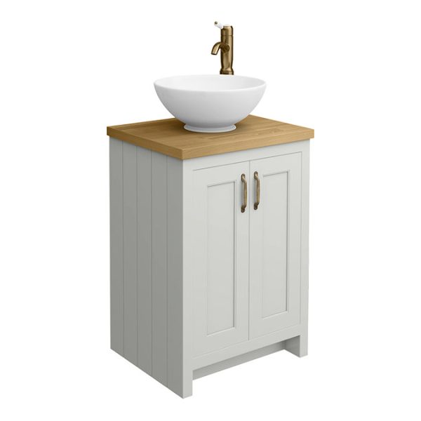 Chatsworth 545mm Grey Countertop Vanity with Worktop, Round Basin & Antique Brass Handles - Image 7
