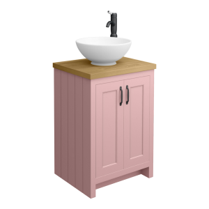 Chatsworth 545mm Dusky Pink Countertop Vanity with Worktop, Round Basin & Matt Black Handles