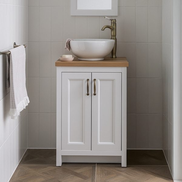 Chatsworth 545mm Traditional White Countertop Vanity with Beech Worktop & Antique Brass Handles - Image 2