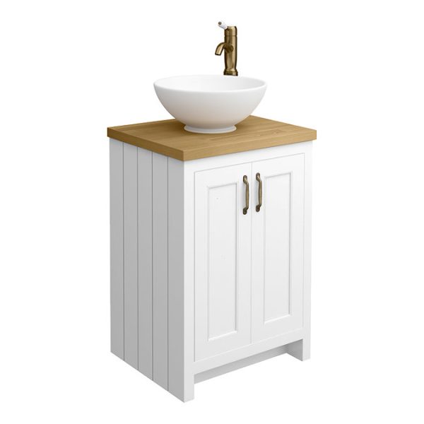 Chatsworth 545mm White Countertop Vanity with Worktop, Round Basin & Antique Brass Handles - Image 7