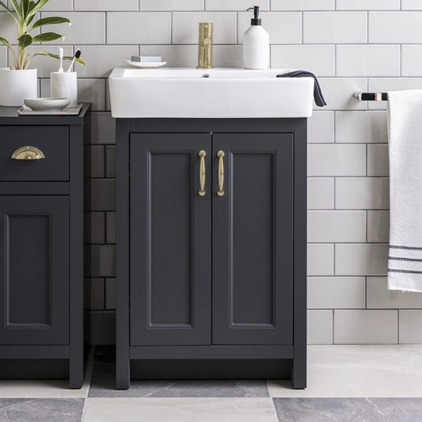 Chatsworth Traditional Graphite Vanity   560mm Wide with Brushed Brass Handles - Image 2