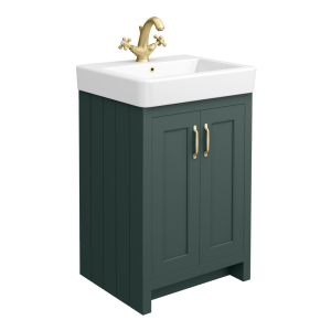 Chatsworth Traditional Green Vanity   560mm Wide with Brushed Brass Handles