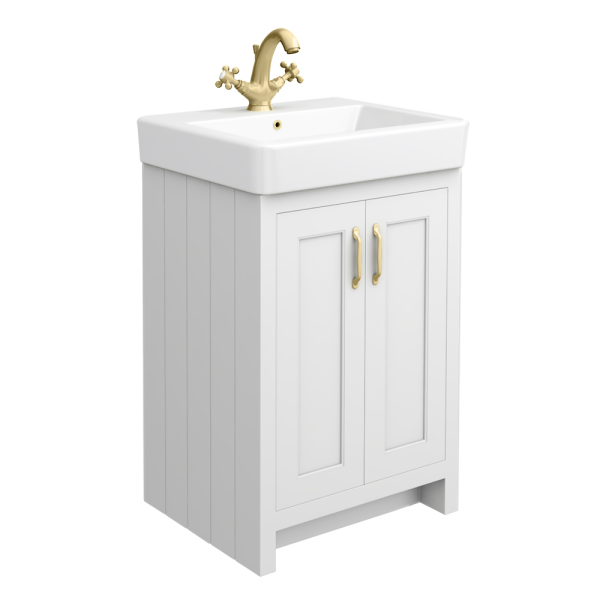 Chatsworth Traditional White Vanity   560mm Wide with Brushed Brass Handles