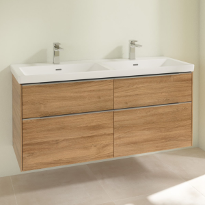 Villeroy and Boch Subway 3.0 Kansas Oak 1300mm Wall Hung 4 Drawer Double Basin Vanity Unit with Glossy Aluminium Handle