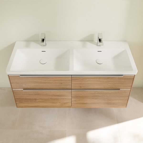 Villeroy and Boch Subway 3.0 Kansas Oak 1300mm Wall Hung 4 Drawer Double Basin Vanity Unit with Glossy Aluminium Handle - Image 4