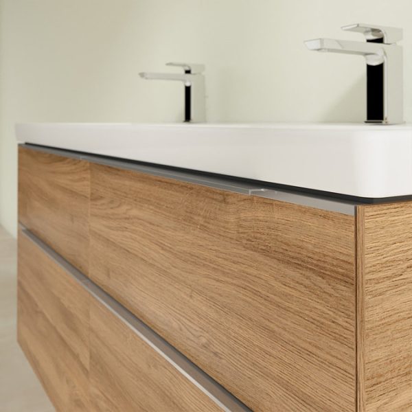 Villeroy and Boch Subway 3.0 Kansas Oak 1300mm Wall Hung 4 Drawer Double Basin Vanity Unit with Glossy Aluminium Handle - Image 5