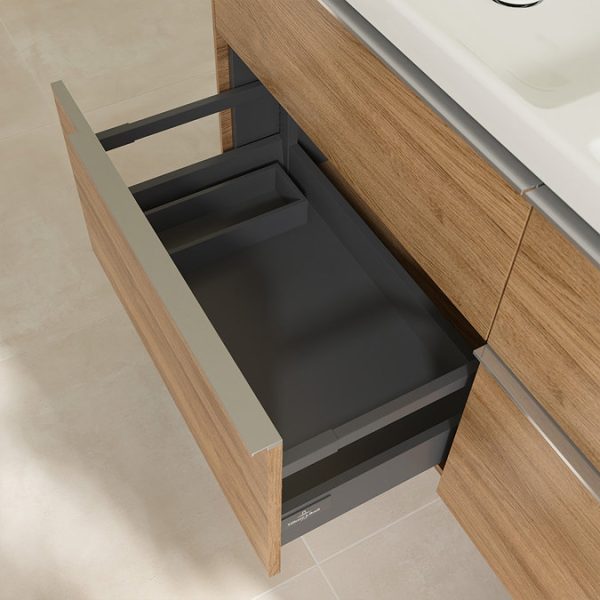 Villeroy and Boch Subway 3.0 Kansas Oak 1300mm Wall Hung 4 Drawer Double Basin Vanity Unit with Glossy Aluminium Handle - Image 6
