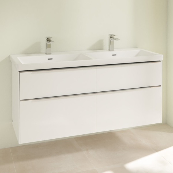 Villeroy and Boch Subway 3.0 White 1300mm Wall Hung 4 Drawer Double Basin Vanity Unit with Glossy Aluminium Handle