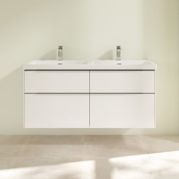 Villeroy and Boch Subway 3.0 White 1300mm Wall Hung 4 Drawer Double Basin Vanity Unit with Glossy Aluminium Handle - Image 3