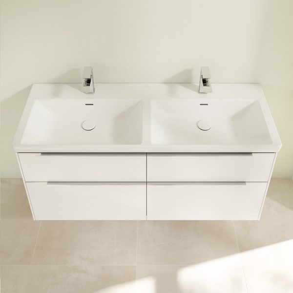 Villeroy and Boch Subway 3.0 White 1300mm Wall Hung 4 Drawer Double Basin Vanity Unit with Glossy Aluminium Handle - Image 4