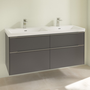 Villeroy and Boch Subway 3.0 Graphite 1300mm Wall Hung 4 Drawer Double Basin Vanity Unit with Glossy Aluminium Handle