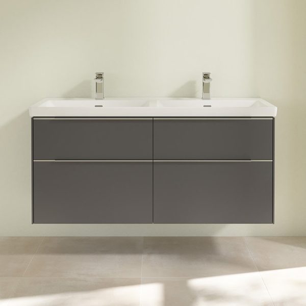 Villeroy and Boch Subway 3.0 Graphite 1300mm Wall Hung 4 Drawer Double Basin Vanity Unit with Glossy Aluminium Handle - Image 3