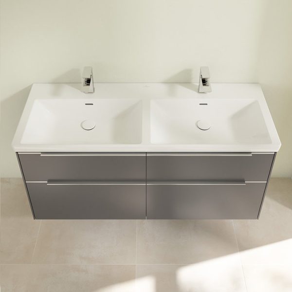 Villeroy and Boch Subway 3.0 Graphite 1300mm Wall Hung 4 Drawer Double Basin Vanity Unit with Glossy Aluminium Handle - Image 4